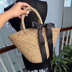 Chic Tan Woven Tote with Black Ribbon